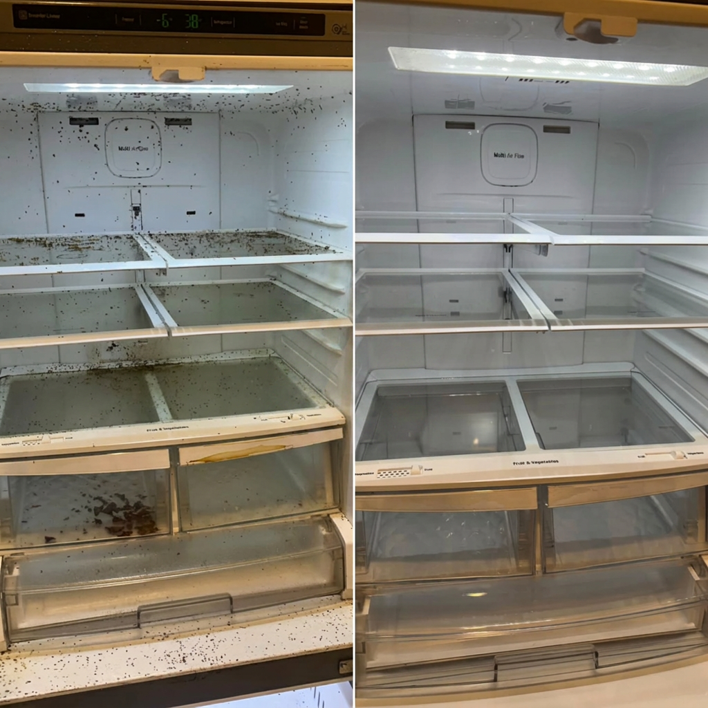 Before and after deep cleaning of a refrigerator interior