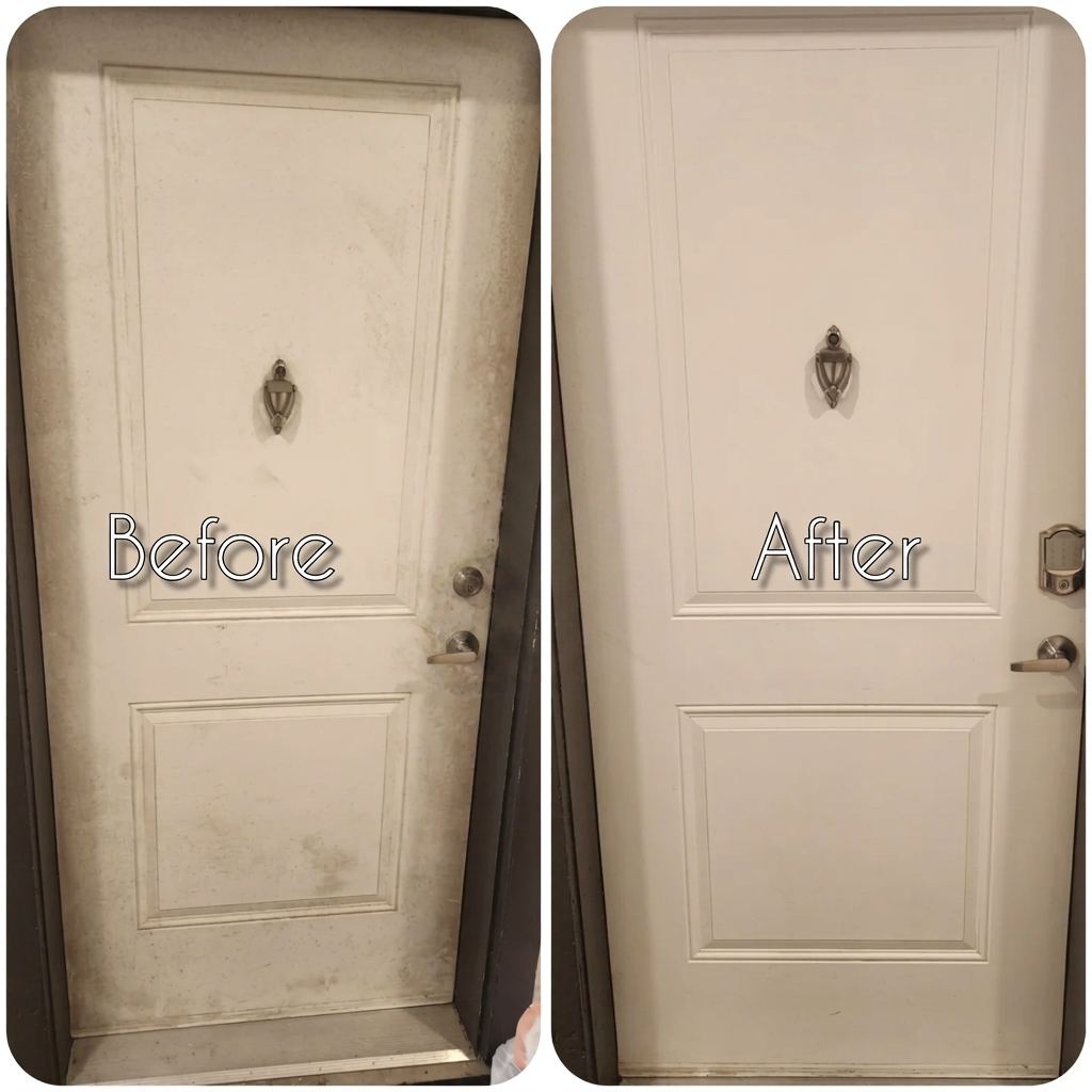 Before and after deep cleaning of a scuffed entry door in a Jacksonville rental
