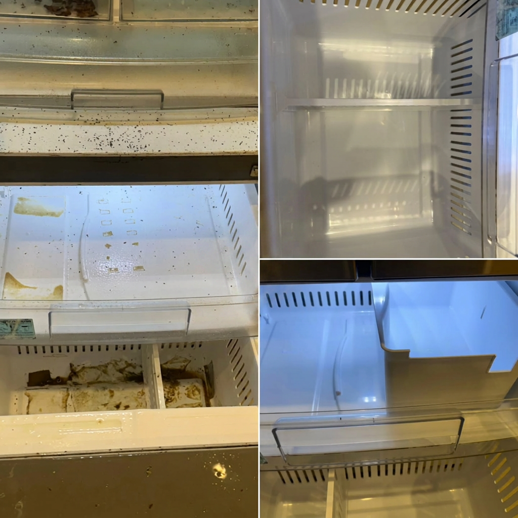 Before and after cleaning of refrigerator shelves and produce drawers