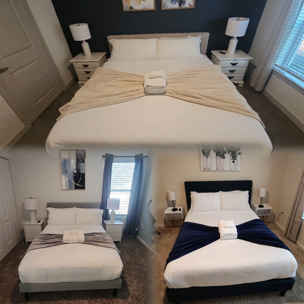 Short-term rental bedrooms staged with folded towels after a J5 turnover